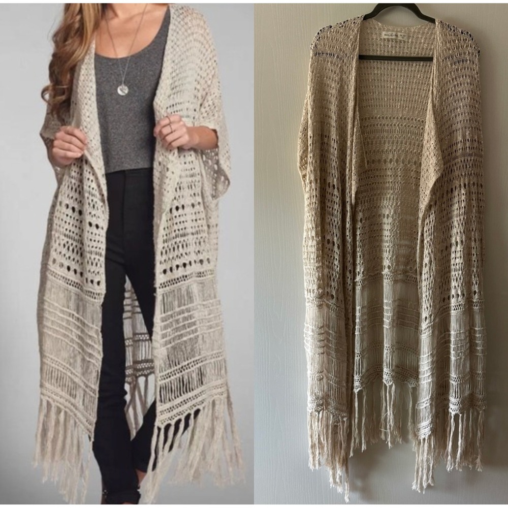 Abercrombie Fitch Janna Crochet Kimono Duster Cardigan Sweater Fringe Cream OS